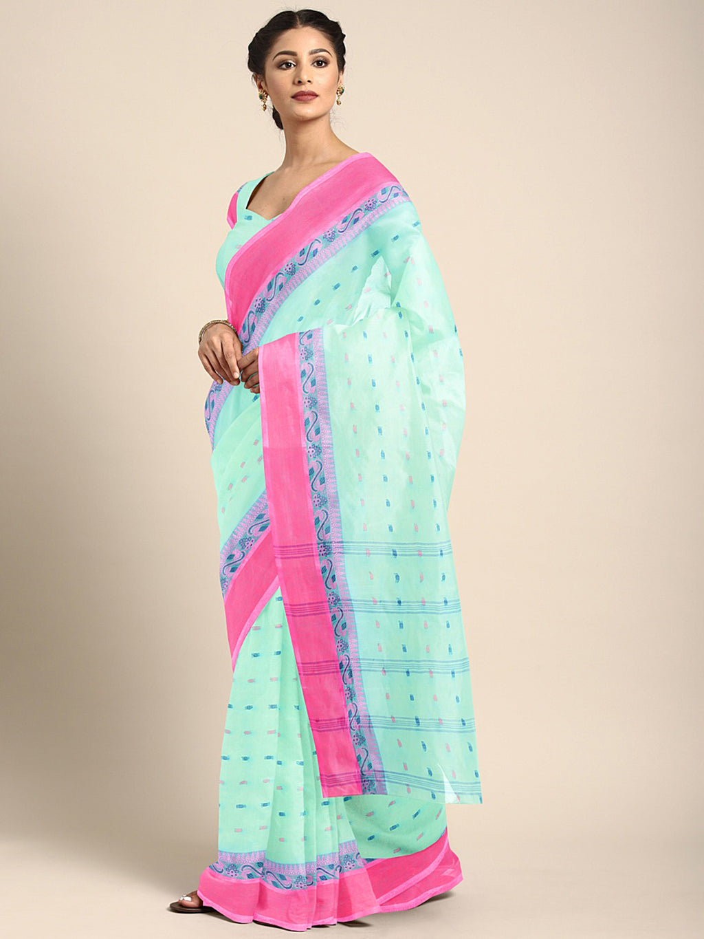 Blue Tant Woven Design Saree Without Blouse Piece DUTASA022 DUTASA022-Saree-Kalakari India-DUTASA022-Geographical Indication, Hand Crafted, Heritage Prints, Natural Dyes, Sarees, Silk Cotton, Sustainable Fabrics, Taant, Tant, West Bengal, Woven-[Linen,Ethnic,wear,Fashionista,Handloom,Handicraft,Indigo,blockprint,block,print,Cotton,Chanderi,Blue, latest,classy,party,bollywood,trendy,summer,style,traditional,formal,elegant,unique,style,hand,block,print, dabu,booti,gift,present,glamorous,affordable