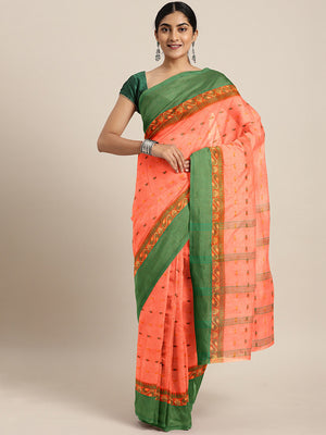 Orange Tant Woven Design Saree Without Blouse Piece DUTASA023 DUTASA023-Saree-Kalakari India-DUTASA023-Geographical Indication, Hand Crafted, Heritage Prints, Natural Dyes, Sarees, Silk Cotton, Sustainable Fabrics, Taant, Tant, West Bengal, Woven-[Linen,Ethnic,wear,Fashionista,Handloom,Handicraft,Indigo,blockprint,block,print,Cotton,Chanderi,Blue, latest,classy,party,bollywood,trendy,summer,style,traditional,formal,elegant,unique,style,hand,block,print, dabu,booti,gift,present,glamorous,affordab