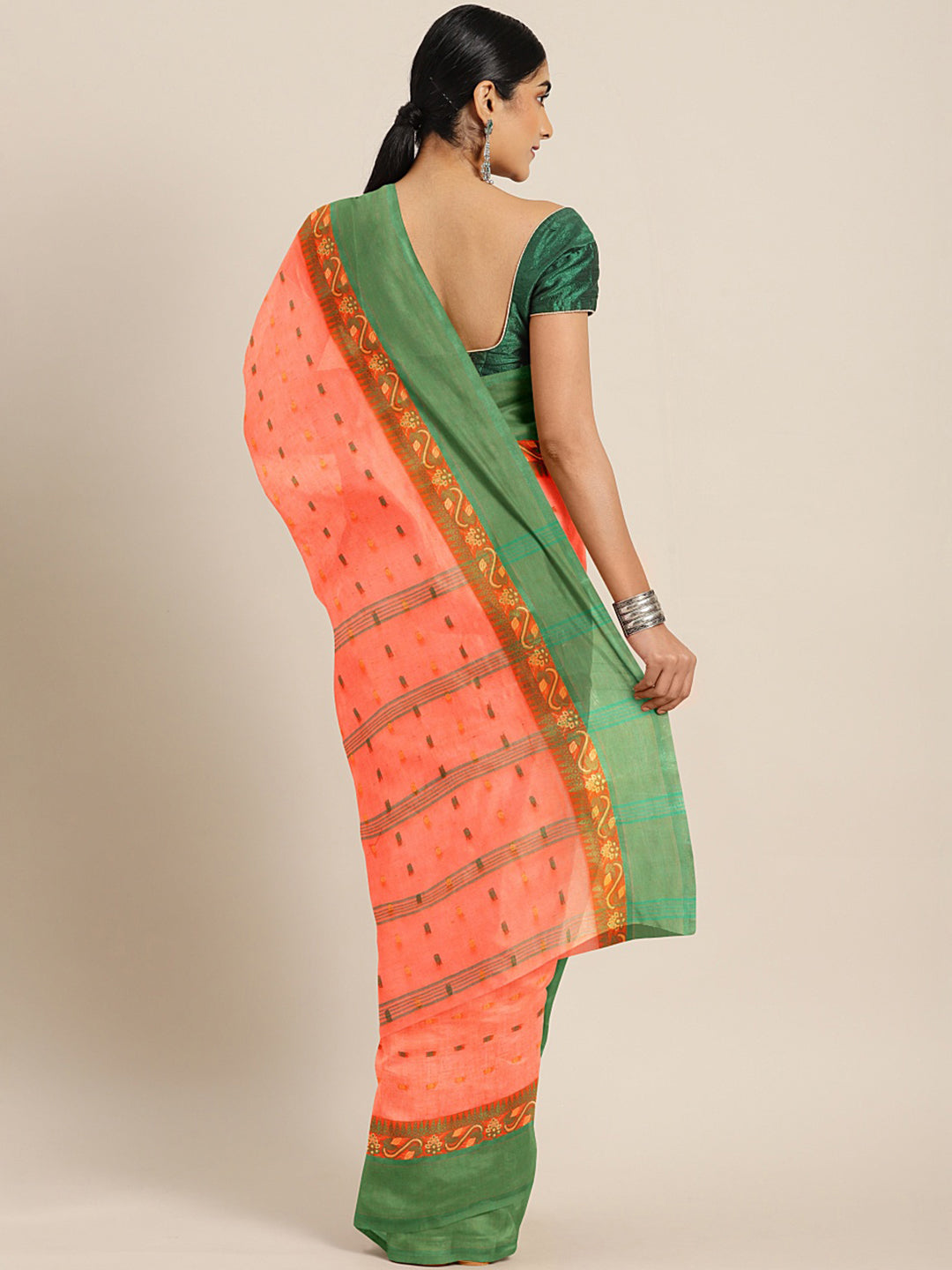 Orange Tant Woven Design Saree Without Blouse Piece DUTASA023 DUTASA023-Saree-Kalakari India-DUTASA023-Geographical Indication, Hand Crafted, Heritage Prints, Natural Dyes, Sarees, Silk Cotton, Sustainable Fabrics, Taant, Tant, West Bengal, Woven-[Linen,Ethnic,wear,Fashionista,Handloom,Handicraft,Indigo,blockprint,block,print,Cotton,Chanderi,Blue, latest,classy,party,bollywood,trendy,summer,style,traditional,formal,elegant,unique,style,hand,block,print, dabu,booti,gift,present,glamorous,affordab