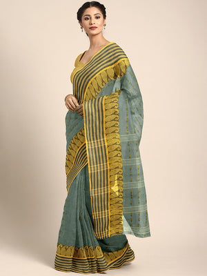 Green Tant Woven Design Saree Without Blouse Piece DUTASA028 DUTASA028-Saree-Kalakari India-DUTASA028-Geographical Indication, Hand Crafted, Heritage Prints, Natural Dyes, Sarees, Silk Cotton, Sustainable Fabrics, Taant, Tant, West Bengal, Woven-[Linen,Ethnic,wear,Fashionista,Handloom,Handicraft,Indigo,blockprint,block,print,Cotton,Chanderi,Blue, latest,classy,party,bollywood,trendy,summer,style,traditional,formal,elegant,unique,style,hand,block,print, dabu,booti,gift,present,glamorous,affordabl