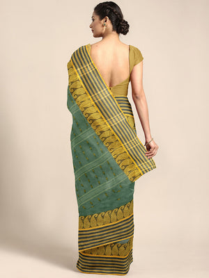 Green Tant Woven Design Saree Without Blouse Piece DUTASA028 DUTASA028-Saree-Kalakari India-DUTASA028-Geographical Indication, Hand Crafted, Heritage Prints, Natural Dyes, Sarees, Silk Cotton, Sustainable Fabrics, Taant, Tant, West Bengal, Woven-[Linen,Ethnic,wear,Fashionista,Handloom,Handicraft,Indigo,blockprint,block,print,Cotton,Chanderi,Blue, latest,classy,party,bollywood,trendy,summer,style,traditional,formal,elegant,unique,style,hand,block,print, dabu,booti,gift,present,glamorous,affordabl