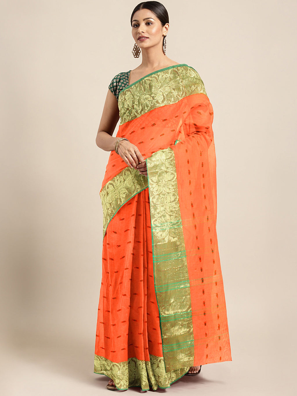 Orange Tant Woven Design Saree Without Blouse Piece DUTASA030 DUTASA030-Saree-Kalakari India-DUTASA030-Geographical Indication, Hand Crafted, Heritage Prints, Natural Dyes, Sarees, Silk Cotton, Sustainable Fabrics, Taant, Tant, West Bengal, Woven-[Linen,Ethnic,wear,Fashionista,Handloom,Handicraft,Indigo,blockprint,block,print,Cotton,Chanderi,Blue, latest,classy,party,bollywood,trendy,summer,style,traditional,formal,elegant,unique,style,hand,block,print, dabu,booti,gift,present,glamorous,affordab