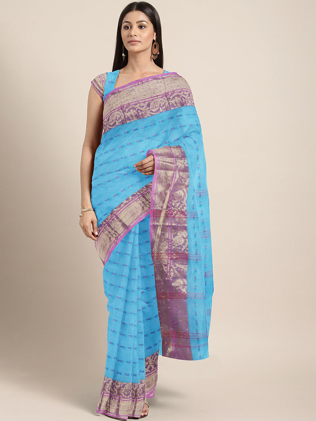 Blue Tant Woven Design Saree Without Blouse Piece DUTASA031 DUTASA031-Saree-Kalakari India-DUTASA031-Geographical Indication, Hand Crafted, Heritage Prints, Natural Dyes, Sarees, Silk Cotton, Sustainable Fabrics, Taant, Tant, West Bengal, Woven-[Linen,Ethnic,wear,Fashionista,Handloom,Handicraft,Indigo,blockprint,block,print,Cotton,Chanderi,Blue, latest,classy,party,bollywood,trendy,summer,style,traditional,formal,elegant,unique,style,hand,block,print, dabu,booti,gift,present,glamorous,affordable