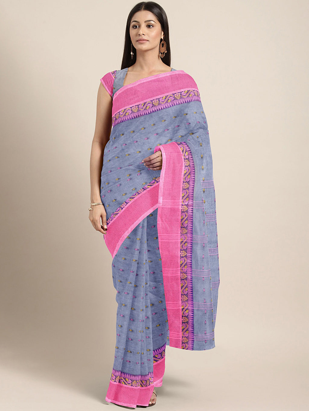 Purple Tant Woven Design Saree Without Blouse Piece DUTASA032 DUTASA032-Saree-Kalakari India-DUTASA032-Geographical Indication, Hand Crafted, Heritage Prints, Natural Dyes, Sarees, Silk Cotton, Sustainable Fabrics, Taant, Tant, West Bengal, Woven-[Linen,Ethnic,wear,Fashionista,Handloom,Handicraft,Indigo,blockprint,block,print,Cotton,Chanderi,Blue, latest,classy,party,bollywood,trendy,summer,style,traditional,formal,elegant,unique,style,hand,block,print, dabu,booti,gift,present,glamorous,affordab