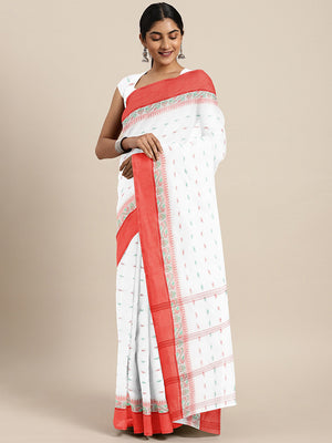 White Tant Woven Design Saree Without Blouse Piece DUTASA033 DUTASA033-Saree-Kalakari India-DUTASA033-Geographical Indication, Hand Crafted, Heritage Prints, Natural Dyes, Sarees, Silk Cotton, Sustainable Fabrics, Taant, Tant, West Bengal, Woven-[Linen,Ethnic,wear,Fashionista,Handloom,Handicraft,Indigo,blockprint,block,print,Cotton,Chanderi,Blue, latest,classy,party,bollywood,trendy,summer,style,traditional,formal,elegant,unique,style,hand,block,print, dabu,booti,gift,present,glamorous,affordabl
