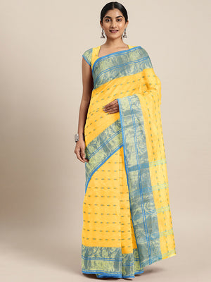 Yellow Tant Woven Design Saree Without Blouse Piece DUTASA034 DUTASA034-Saree-Kalakari India-DUTASA034-Geographical Indication, Hand Crafted, Heritage Prints, Natural Dyes, Sarees, Silk Cotton, Sustainable Fabrics, Taant, Tant, West Bengal, Woven-[Linen,Ethnic,wear,Fashionista,Handloom,Handicraft,Indigo,blockprint,block,print,Cotton,Chanderi,Blue, latest,classy,party,bollywood,trendy,summer,style,traditional,formal,elegant,unique,style,hand,block,print, dabu,booti,gift,present,glamorous,affordab