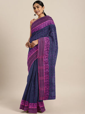 Purple Tant Woven Design Saree Without Blouse Piece DUTASA035 DUTASA035-Saree-Kalakari India-DUTASA035-Geographical Indication, Hand Crafted, Heritage Prints, Natural Dyes, Sarees, Silk Cotton, Sustainable Fabrics, Taant, Tant, West Bengal, Woven-[Linen,Ethnic,wear,Fashionista,Handloom,Handicraft,Indigo,blockprint,block,print,Cotton,Chanderi,Blue, latest,classy,party,bollywood,trendy,summer,style,traditional,formal,elegant,unique,style,hand,block,print, dabu,booti,gift,present,glamorous,affordab