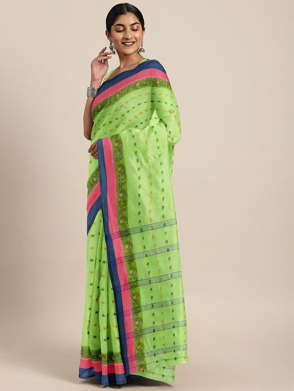 Green Tant Woven Design Saree Without Blouse Piece DUTASA047 DUTASA047-Saree-Kalakari India-DUTASA047-Geographical Indication, Hand Crafted, Heritage Prints, Natural Dyes, Sarees, Silk Cotton, Sustainable Fabrics, Taant, Tant, West Bengal, Woven-[Linen,Ethnic,wear,Fashionista,Handloom,Handicraft,Indigo,blockprint,block,print,Cotton,Chanderi,Blue, latest,classy,party,bollywood,trendy,summer,style,traditional,formal,elegant,unique,style,hand,block,print, dabu,booti,gift,present,glamorous,affordabl