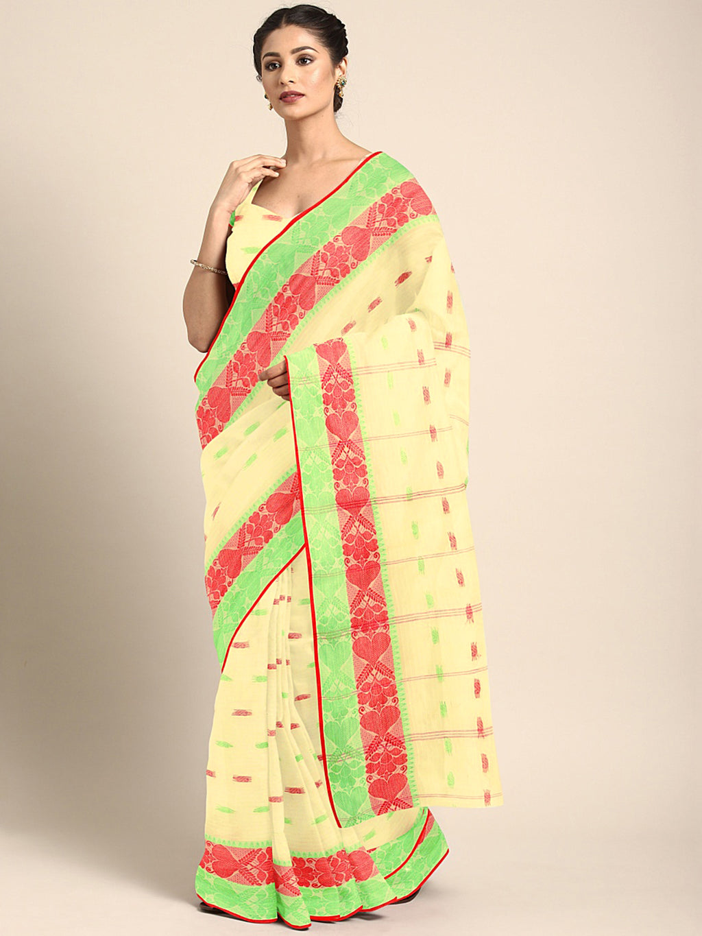 Cream Tant Woven Design Saree Without Blouse Piece DUTASA049 DUTASA049-Saree-Kalakari India-DUTASA049-Geographical Indication, Hand Crafted, Heritage Prints, Natural Dyes, Sarees, Silk Cotton, Sustainable Fabrics, Taant, Tant, West Bengal, Woven-[Linen,Ethnic,wear,Fashionista,Handloom,Handicraft,Indigo,blockprint,block,print,Cotton,Chanderi,Blue, latest,classy,party,bollywood,trendy,summer,style,traditional,formal,elegant,unique,style,hand,block,print, dabu,booti,gift,present,glamorous,affordabl