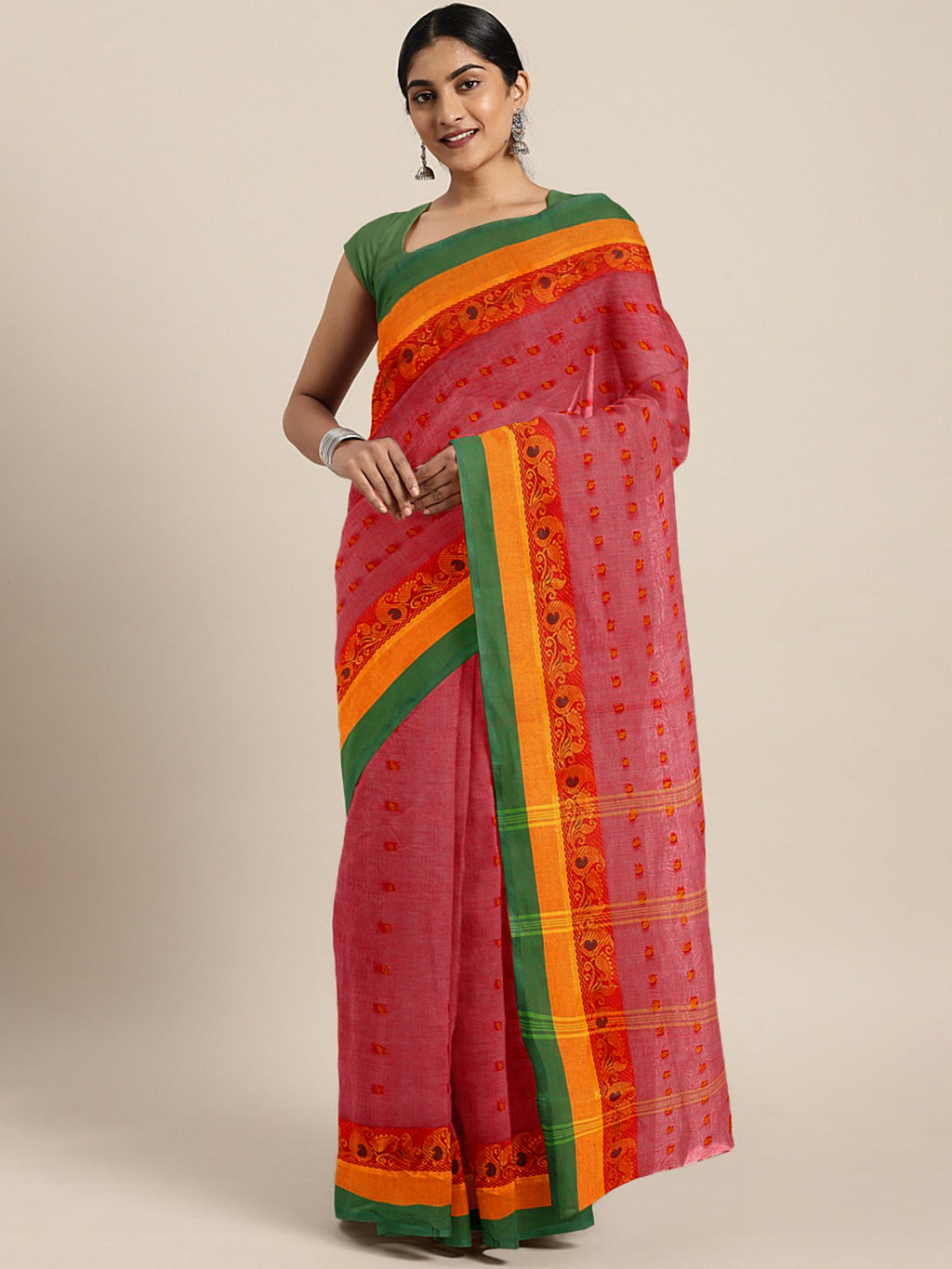 Red Tant Woven Design Saree Without Blouse Piece DUTASA050 DUTASA050-Saree-Kalakari India-DUTASA050-Geographical Indication, Hand Crafted, Heritage Prints, Natural Dyes, Sarees, Silk Cotton, Sustainable Fabrics, Taant, Tant, West Bengal, Woven-[Linen,Ethnic,wear,Fashionista,Handloom,Handicraft,Indigo,blockprint,block,print,Cotton,Chanderi,Blue, latest,classy,party,bollywood,trendy,summer,style,traditional,formal,elegant,unique,style,hand,block,print, dabu,booti,gift,present,glamorous,affordable,
