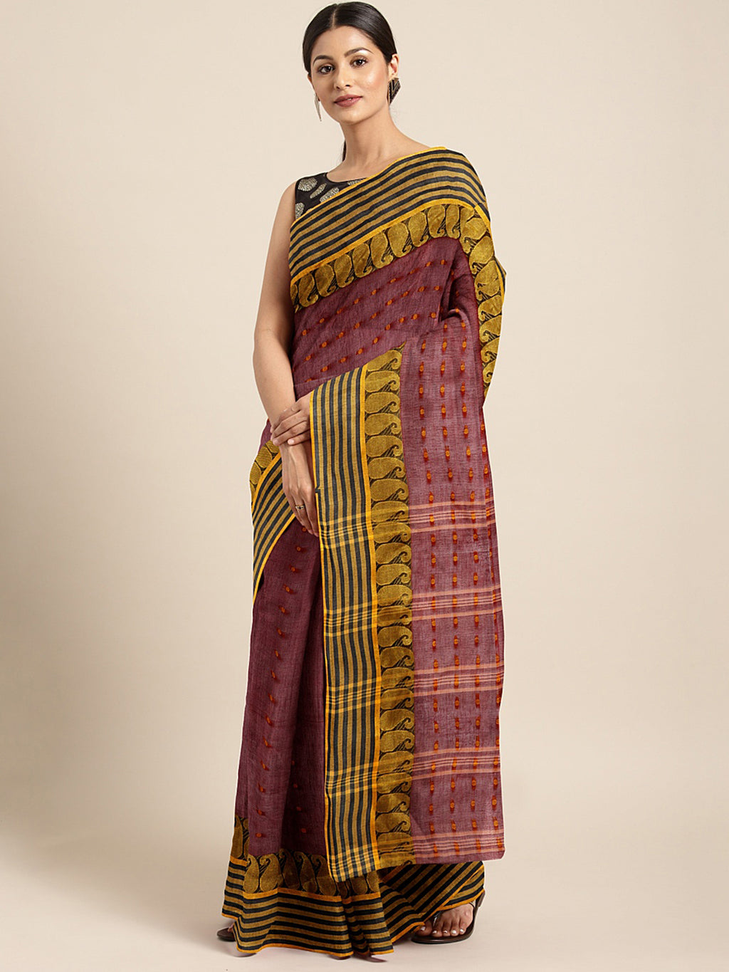 Maroon Tant Woven Design Saree Without Blouse Piece DUTASA052 DUTASA052-Saree-Kalakari India-DUTASA052-Geographical Indication, Hand Crafted, Heritage Prints, Natural Dyes, Sarees, Silk Cotton, Sustainable Fabrics, Taant, Tant, West Bengal, Woven-[Linen,Ethnic,wear,Fashionista,Handloom,Handicraft,Indigo,blockprint,block,print,Cotton,Chanderi,Blue, latest,classy,party,bollywood,trendy,summer,style,traditional,formal,elegant,unique,style,hand,block,print, dabu,booti,gift,present,glamorous,affordab