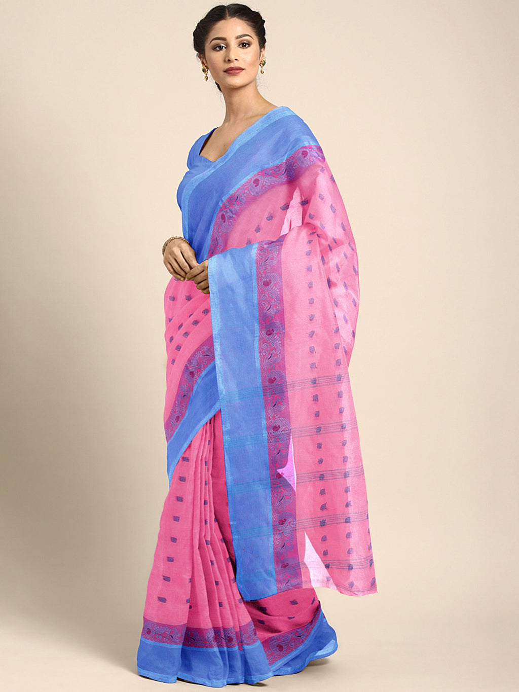 Pink Tant Woven Design Saree Without Blouse Piece DUTASA053 DUTASA053-Saree-Kalakari India-DUTASA053-Geographical Indication, Hand Crafted, Heritage Prints, Natural Dyes, Sarees, Silk Cotton, Sustainable Fabrics, Taant, Tant, West Bengal, Woven-[Linen,Ethnic,wear,Fashionista,Handloom,Handicraft,Indigo,blockprint,block,print,Cotton,Chanderi,Blue, latest,classy,party,bollywood,trendy,summer,style,traditional,formal,elegant,unique,style,hand,block,print, dabu,booti,gift,present,glamorous,affordable