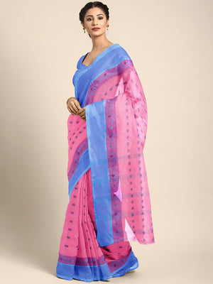 Pink Tant Woven Design Saree Without Blouse Piece DUTASA053 DUTASA053-Saree-Kalakari India-DUTASA053-Geographical Indication, Hand Crafted, Heritage Prints, Natural Dyes, Sarees, Silk Cotton, Sustainable Fabrics, Taant, Tant, West Bengal, Woven-[Linen,Ethnic,wear,Fashionista,Handloom,Handicraft,Indigo,blockprint,block,print,Cotton,Chanderi,Blue, latest,classy,party,bollywood,trendy,summer,style,traditional,formal,elegant,unique,style,hand,block,print, dabu,booti,gift,present,glamorous,affordable