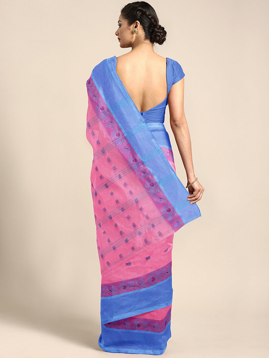 Pink Tant Woven Design Saree Without Blouse Piece DUTASA053 DUTASA053-Saree-Kalakari India-DUTASA053-Geographical Indication, Hand Crafted, Heritage Prints, Natural Dyes, Sarees, Silk Cotton, Sustainable Fabrics, Taant, Tant, West Bengal, Woven-[Linen,Ethnic,wear,Fashionista,Handloom,Handicraft,Indigo,blockprint,block,print,Cotton,Chanderi,Blue, latest,classy,party,bollywood,trendy,summer,style,traditional,formal,elegant,unique,style,hand,block,print, dabu,booti,gift,present,glamorous,affordable