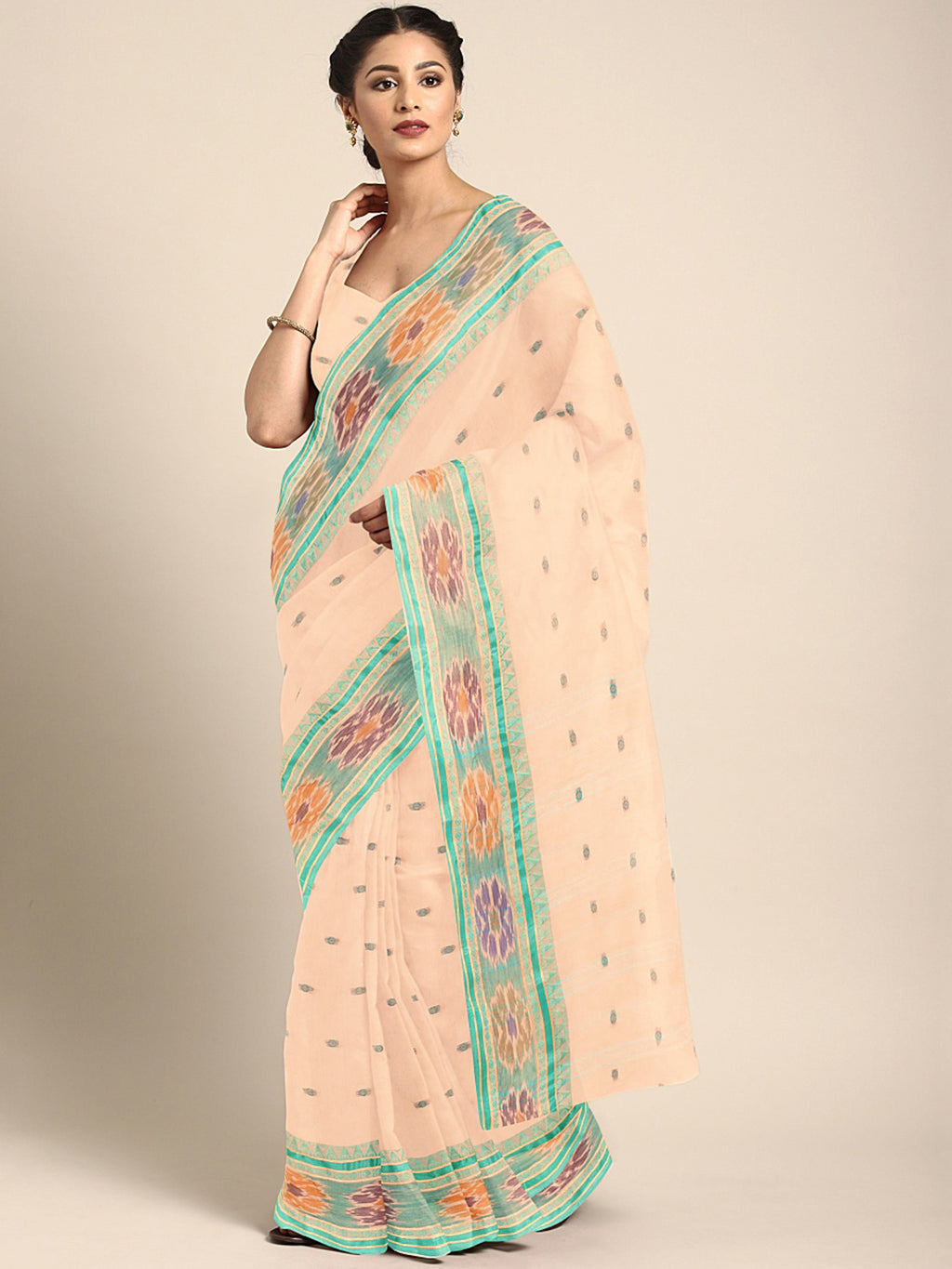 Peach Tant Woven Design Saree Without Blouse Piece DUTASA055 DUTASA055-Saree-Kalakari India-DUTASA055-Geographical Indication, Hand Crafted, Heritage Prints, Natural Dyes, Sarees, Silk Cotton, Sustainable Fabrics, Taant, Tant, West Bengal, Woven-[Linen,Ethnic,wear,Fashionista,Handloom,Handicraft,Indigo,blockprint,block,print,Cotton,Chanderi,Blue, latest,classy,party,bollywood,trendy,summer,style,traditional,formal,elegant,unique,style,hand,block,print, dabu,booti,gift,present,glamorous,affordabl