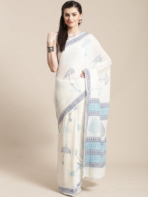 White & Blue Kalamkari Handblock Print Saree-Saree-Kalakari India-HUPASA0001-Cotton, Geographical Indication, Hand Blocks, Hand Crafted, Heritage Prints, Sarees, Sustainable Fabrics-[Linen,Ethnic,wear,Fashionista,Handloom,Handicraft,Indigo,blockprint,block,print,Cotton,Chanderi,Blue, latest,classy,party,bollywood,trendy,summer,style,traditional,formal,elegant,unique,style,hand,block,print, dabu,booti,gift,present,glamorous,affordable,collectible,Sari,Saree,printed, holi, Diwali, birthday, annive