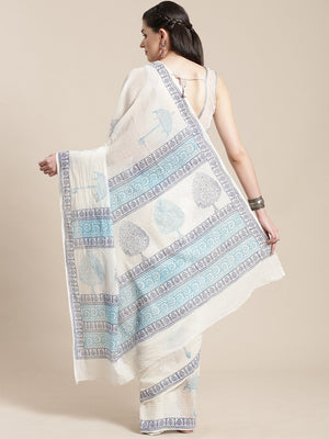 White & Blue Kalamkari Handblock Print Saree-Saree-Kalakari India-HUPASA0001-Cotton, Geographical Indication, Hand Blocks, Hand Crafted, Heritage Prints, Sarees, Sustainable Fabrics-[Linen,Ethnic,wear,Fashionista,Handloom,Handicraft,Indigo,blockprint,block,print,Cotton,Chanderi,Blue, latest,classy,party,bollywood,trendy,summer,style,traditional,formal,elegant,unique,style,hand,block,print, dabu,booti,gift,present,glamorous,affordable,collectible,Sari,Saree,printed, holi, Diwali, birthday, annive