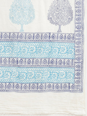 White & Blue Kalamkari Handblock Print Saree-Saree-Kalakari India-HUPASA0001-Cotton, Geographical Indication, Hand Blocks, Hand Crafted, Heritage Prints, Sarees, Sustainable Fabrics-[Linen,Ethnic,wear,Fashionista,Handloom,Handicraft,Indigo,blockprint,block,print,Cotton,Chanderi,Blue, latest,classy,party,bollywood,trendy,summer,style,traditional,formal,elegant,unique,style,hand,block,print, dabu,booti,gift,present,glamorous,affordable,collectible,Sari,Saree,printed, holi, Diwali, birthday, annive