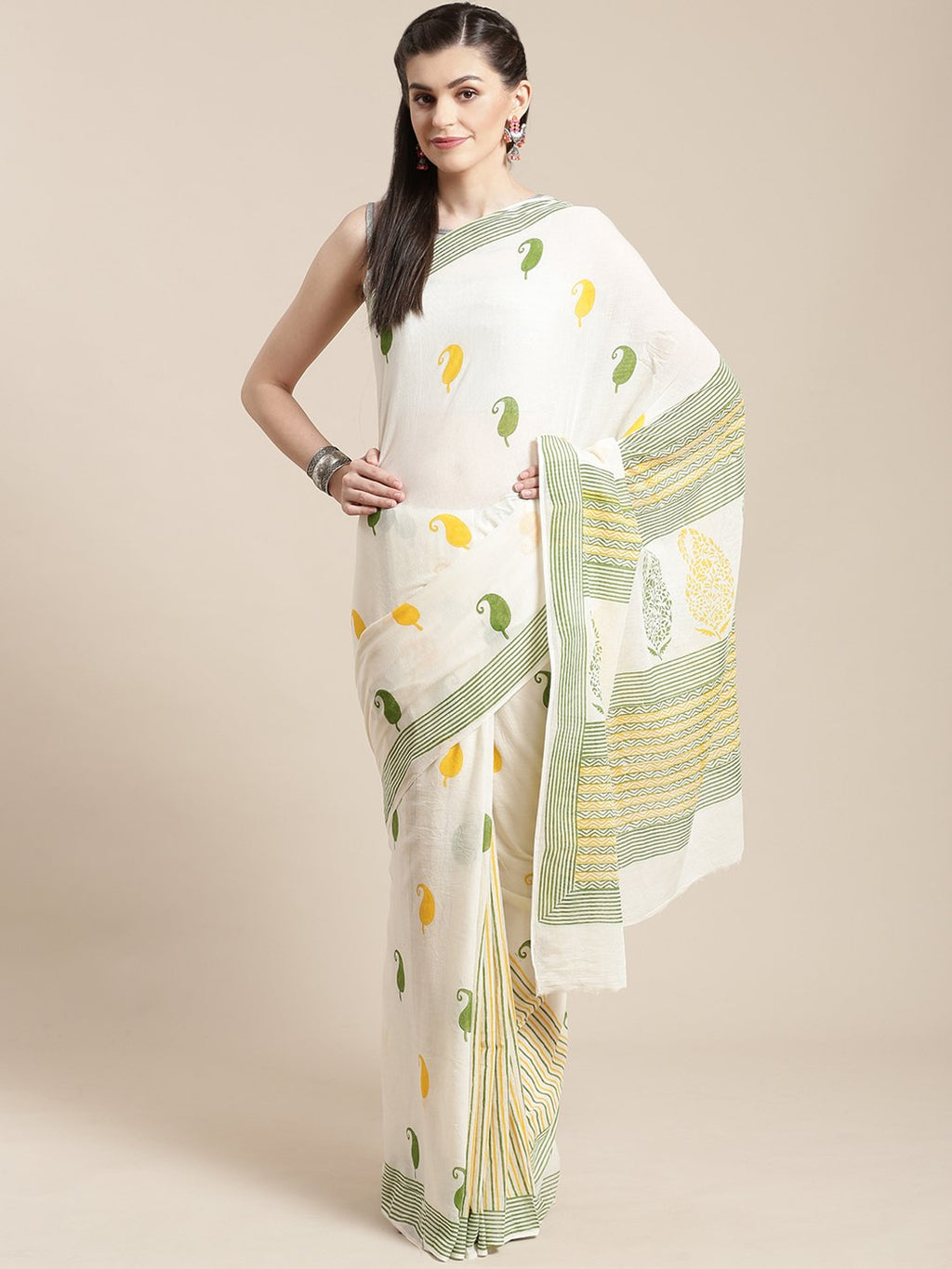 White & Yellow Pure Cotton Paisley Hand Block Print Saree-Saree-Kalakari India-HUPASA0002-Cotton, Geographical Indication, Hand Blocks, Hand Crafted, Heritage Prints, Sarees, Sustainable Fabrics-[Linen,Ethnic,wear,Fashionista,Handloom,Handicraft,Indigo,blockprint,block,print,Cotton,Chanderi,Blue, latest,classy,party,bollywood,trendy,summer,style,traditional,formal,elegant,unique,style,hand,block,print, dabu,booti,gift,present,glamorous,affordable,collectible,Sari,Saree,printed, holi, Diwali, bir