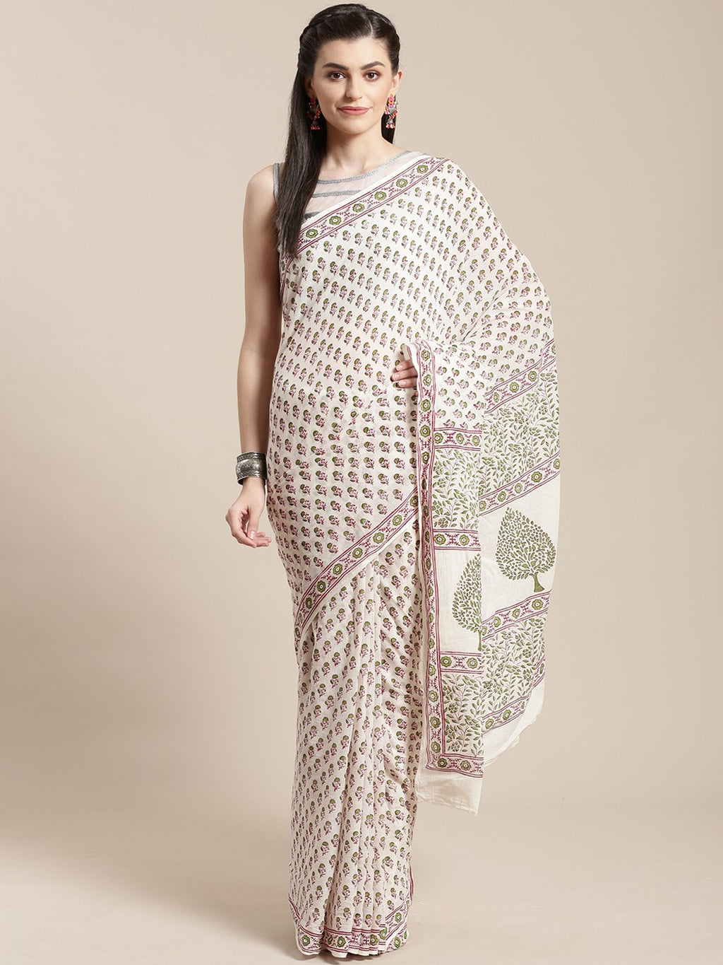 White & Green Handblock Print Saree-Saree-Kalakari India-HUPASA0003-Cotton, Geographical Indication, Hand Blocks, Hand Crafted, Heritage Prints, Sarees, Sustainable Fabrics-[Linen,Ethnic,wear,Fashionista,Handloom,Handicraft,Indigo,blockprint,block,print,Cotton,Chanderi,Blue, latest,classy,party,bollywood,trendy,summer,style,traditional,formal,elegant,unique,style,hand,block,print, dabu,booti,gift,present,glamorous,affordable,collectible,Sari,Saree,printed, holi, Diwali, birthday, anniversary, su