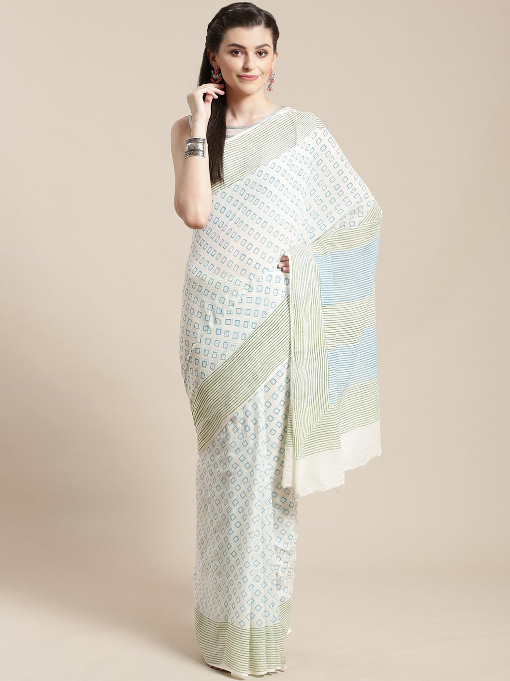 White & Blue Kalamkari Handblock Print Saree-Saree-Kalakari India-HUPASA0004-Cotton, Geographical Indication, Hand Blocks, Hand Crafted, Heritage Prints, Sarees, Sustainable Fabrics-[Linen,Ethnic,wear,Fashionista,Handloom,Handicraft,Indigo,blockprint,block,print,Cotton,Chanderi,Blue, latest,classy,party,bollywood,trendy,summer,style,traditional,formal,elegant,unique,style,hand,block,print, dabu,booti,gift,present,glamorous,affordable,collectible,Sari,Saree,printed, holi, Diwali, birthday, annive