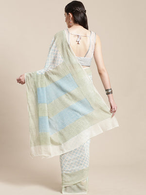 White & Blue Kalamkari Handblock Print Saree-Saree-Kalakari India-HUPASA0004-Cotton, Geographical Indication, Hand Blocks, Hand Crafted, Heritage Prints, Sarees, Sustainable Fabrics-[Linen,Ethnic,wear,Fashionista,Handloom,Handicraft,Indigo,blockprint,block,print,Cotton,Chanderi,Blue, latest,classy,party,bollywood,trendy,summer,style,traditional,formal,elegant,unique,style,hand,block,print, dabu,booti,gift,present,glamorous,affordable,collectible,Sari,Saree,printed, holi, Diwali, birthday, annive
