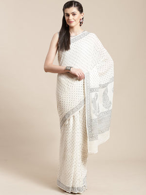 White & Grey Cotton Handblock Print Saree-Saree-Kalakari India-HUPASA0005-Cotton, Geographical Indication, Hand Blocks, Hand Crafted, Heritage Prints, Sarees, Sustainable Fabrics-[Linen,Ethnic,wear,Fashionista,Handloom,Handicraft,Indigo,blockprint,block,print,Cotton,Chanderi,Blue, latest,classy,party,bollywood,trendy,summer,style,traditional,formal,elegant,unique,style,hand,block,print, dabu,booti,gift,present,glamorous,affordable,collectible,Sari,Saree,printed, holi, Diwali, birthday, anniversa