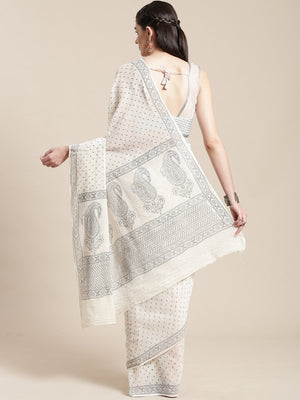 White & Grey Cotton Handblock Print Saree-Saree-Kalakari India-HUPASA0005-Cotton, Geographical Indication, Hand Blocks, Hand Crafted, Heritage Prints, Sarees, Sustainable Fabrics-[Linen,Ethnic,wear,Fashionista,Handloom,Handicraft,Indigo,blockprint,block,print,Cotton,Chanderi,Blue, latest,classy,party,bollywood,trendy,summer,style,traditional,formal,elegant,unique,style,hand,block,print, dabu,booti,gift,present,glamorous,affordable,collectible,Sari,Saree,printed, holi, Diwali, birthday, anniversa