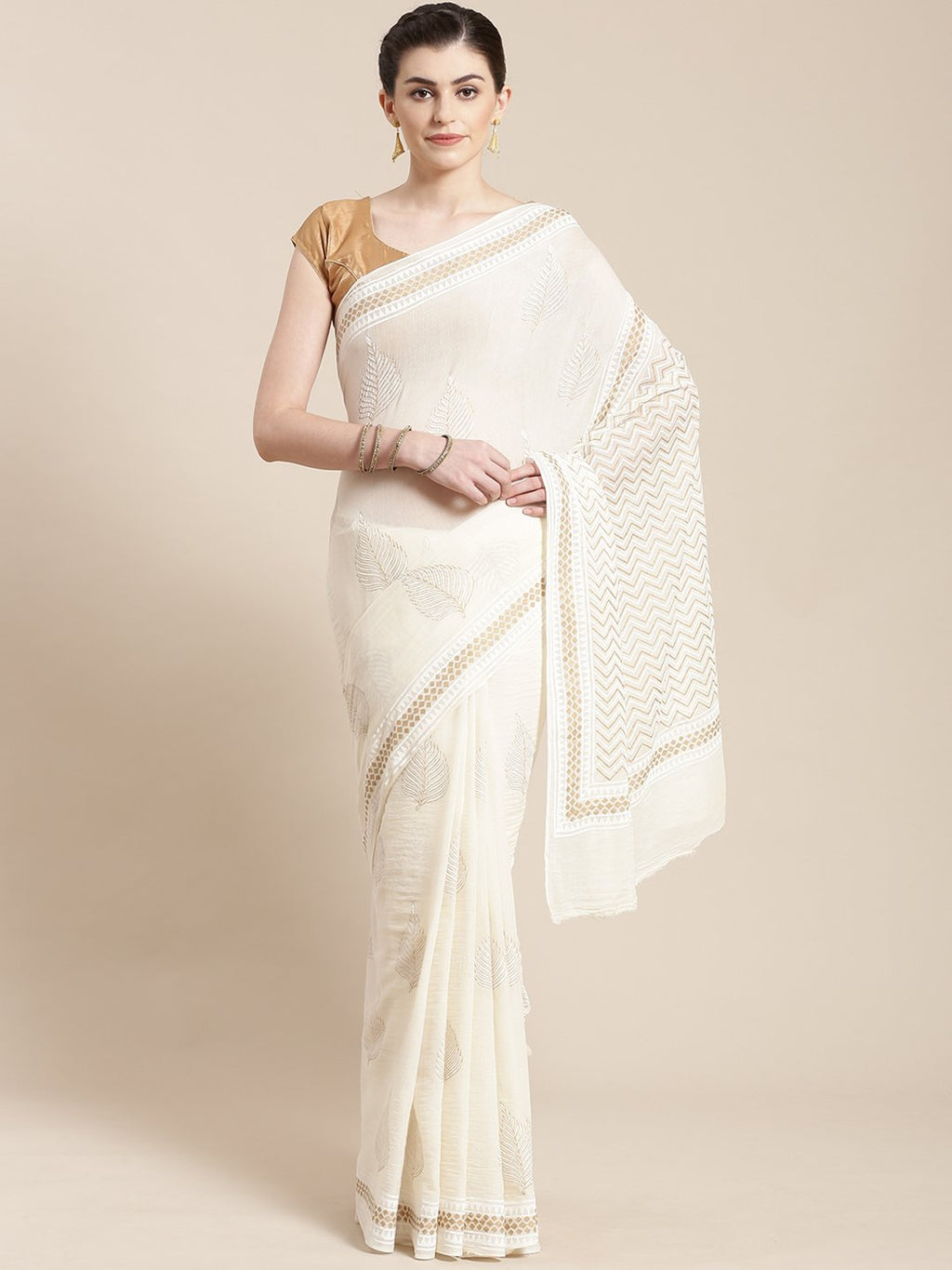 Off-White & Golden Handblock Print Saree-Saree-Kalakari India-HUPASA0006-Cotton, Geographical Indication, Hand Blocks, Hand Crafted, Heritage Prints, Sarees, Sustainable Fabrics-[Linen,Ethnic,wear,Fashionista,Handloom,Handicraft,Indigo,blockprint,block,print,Cotton,Chanderi,Blue, latest,classy,party,bollywood,trendy,summer,style,traditional,formal,elegant,unique,style,hand,block,print, dabu,booti,gift,present,glamorous,affordable,collectible,Sari,Saree,printed, holi, Diwali, birthday, anniversar