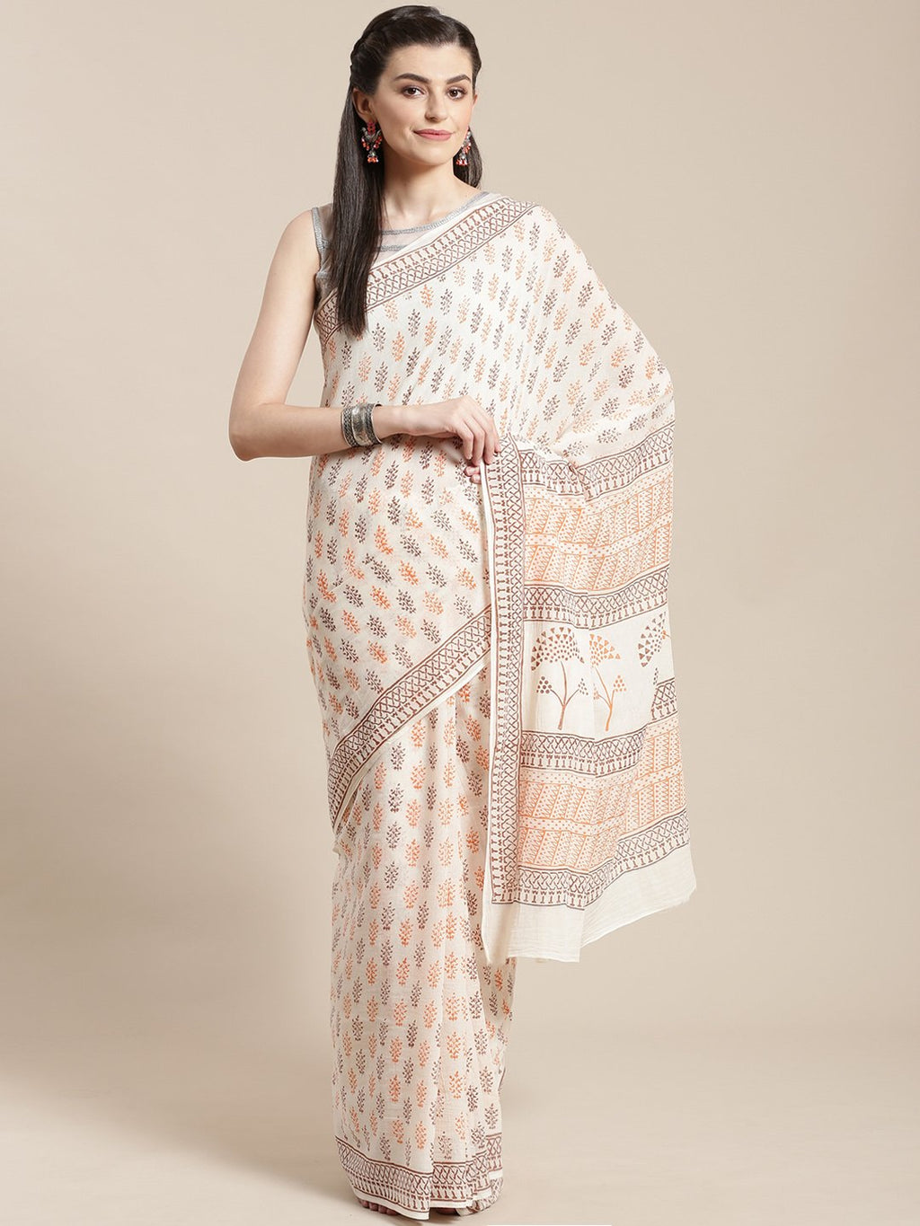 Off-White & Orange Handblock Print Saree-Saree-Kalakari India-HUPASA0007-Cotton, Geographical Indication, Hand Blocks, Hand Crafted, Heritage Prints, Sarees, Sustainable Fabrics-[Linen,Ethnic,wear,Fashionista,Handloom,Handicraft,Indigo,blockprint,block,print,Cotton,Chanderi,Blue, latest,classy,party,bollywood,trendy,summer,style,traditional,formal,elegant,unique,style,hand,block,print, dabu,booti,gift,present,glamorous,affordable,collectible,Sari,Saree,printed, holi, Diwali, birthday, anniversar