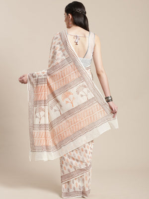 Off-White & Orange Handblock Print Saree-Saree-Kalakari India-HUPASA0007-Cotton, Geographical Indication, Hand Blocks, Hand Crafted, Heritage Prints, Sarees, Sustainable Fabrics-[Linen,Ethnic,wear,Fashionista,Handloom,Handicraft,Indigo,blockprint,block,print,Cotton,Chanderi,Blue, latest,classy,party,bollywood,trendy,summer,style,traditional,formal,elegant,unique,style,hand,block,print, dabu,booti,gift,present,glamorous,affordable,collectible,Sari,Saree,printed, holi, Diwali, birthday, anniversar