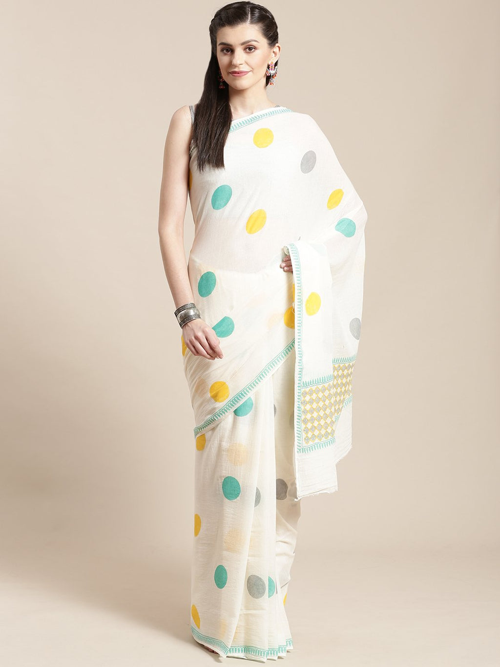 White & Green Handblock Print Saree-Saree-Kalakari India-HUPASA0008-Cotton, Geographical Indication, Hand Blocks, Hand Crafted, Heritage Prints, Sarees, Sustainable Fabrics-[Linen,Ethnic,wear,Fashionista,Handloom,Handicraft,Indigo,blockprint,block,print,Cotton,Chanderi,Blue, latest,classy,party,bollywood,trendy,summer,style,traditional,formal,elegant,unique,style,hand,block,print, dabu,booti,gift,present,glamorous,affordable,collectible,Sari,Saree,printed, holi, Diwali, birthday, anniversary, su