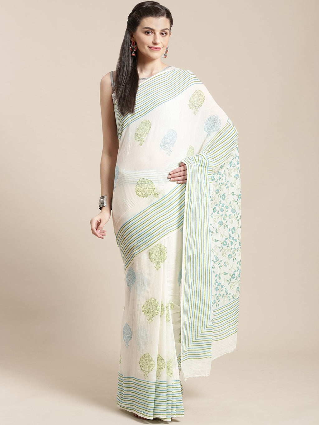 Off-White & Blue Pure Cotton Handblock Print Saree-Saree-Kalakari India-HUPASA0010-Cotton, Geographical Indication, Hand Blocks, Hand Crafted, Heritage Prints, Sarees, Sustainable Fabrics-[Linen,Ethnic,wear,Fashionista,Handloom,Handicraft,Indigo,blockprint,block,print,Cotton,Chanderi,Blue, latest,classy,party,bollywood,trendy,summer,style,traditional,formal,elegant,unique,style,hand,block,print, dabu,booti,gift,present,glamorous,affordable,collectible,Sari,Saree,printed, holi, Diwali, birthday, 