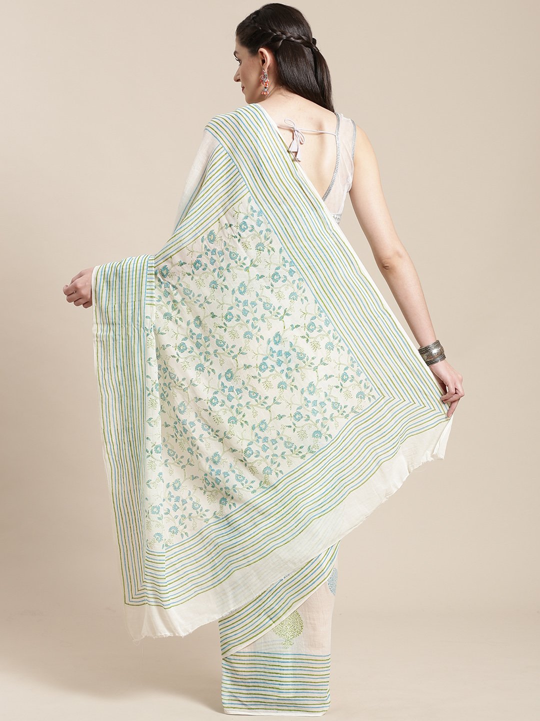 Off-White & Blue Pure Cotton Handblock Print Saree-Saree-Kalakari India-HUPASA0010-Cotton, Geographical Indication, Hand Blocks, Hand Crafted, Heritage Prints, Sarees, Sustainable Fabrics-[Linen,Ethnic,wear,Fashionista,Handloom,Handicraft,Indigo,blockprint,block,print,Cotton,Chanderi,Blue, latest,classy,party,bollywood,trendy,summer,style,traditional,formal,elegant,unique,style,hand,block,print, dabu,booti,gift,present,glamorous,affordable,collectible,Sari,Saree,printed, holi, Diwali, birthday, 