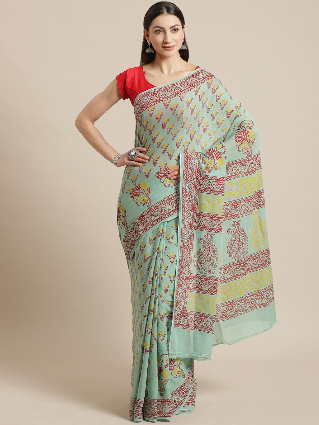 Sea Green and Red, Kalakari India Cotton Green Hand crafted saree with blouse HUPASA0011-Saree-Kalakari India-HUPASA0011-Cotton, Geographical Indication, Hand Block, Hand Crafted, Heritage Prints, Natural Dyes, Red, Sarees, Sustainable Fabrics, Woven, Yellow-[Linen,Ethnic,wear,Fashionista,Handloom,Handicraft,Indigo,blockprint,block,print,Cotton,Chanderi,Blue, latest,classy,party,bollywood,trendy,summer,style,traditional,formal,elegant,unique,style,hand,block,print, dabu,booti,gift,present,glamor