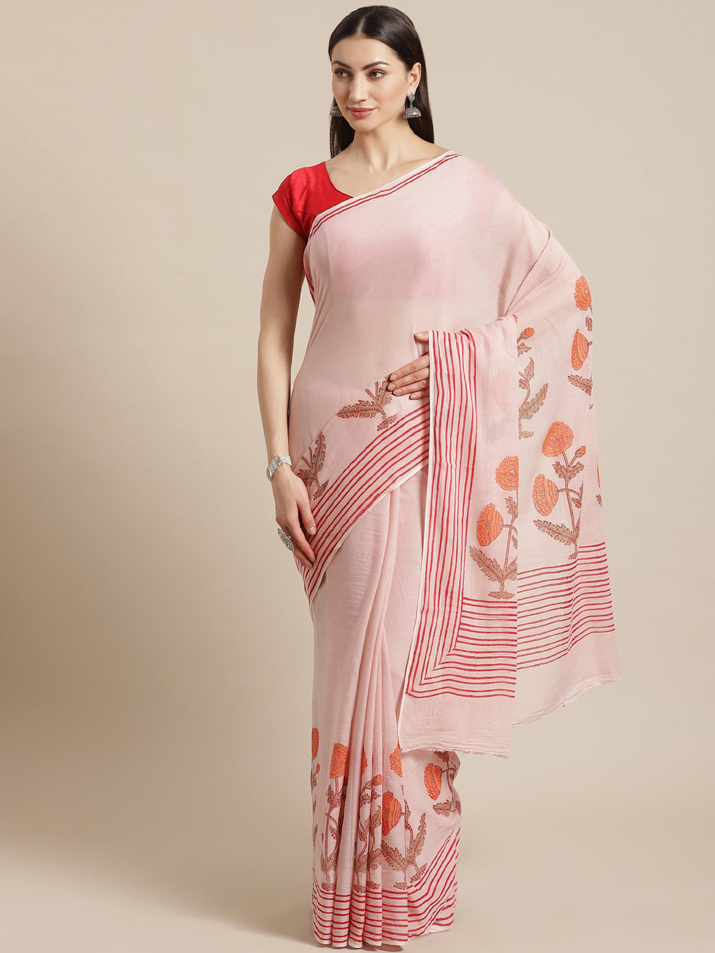 Peach and Pink, Kalakari India Cotton Peach Hand crafted saree with blouse HUPASA0015-Saree-Kalakari India-HUPASA0015-Cotton, Geographical Indication, Hand Block, Hand Crafted, Heritage Prints, Natural Dyes, Red, Sarees, Sustainable Fabrics, Woven, Yellow-[Linen,Ethnic,wear,Fashionista,Handloom,Handicraft,Indigo,blockprint,block,print,Cotton,Chanderi,Blue, latest,classy,party,bollywood,trendy,summer,style,traditional,formal,elegant,unique,style,hand,block,print, dabu,booti,gift,present,glamorous