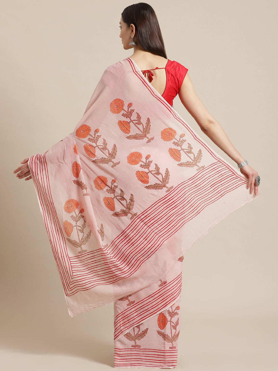 Peach and Pink, Kalakari India Cotton Peach Hand crafted saree with blouse HUPASA0015-Saree-Kalakari India-HUPASA0015-Cotton, Geographical Indication, Hand Block, Hand Crafted, Heritage Prints, Natural Dyes, Red, Sarees, Sustainable Fabrics, Woven, Yellow-[Linen,Ethnic,wear,Fashionista,Handloom,Handicraft,Indigo,blockprint,block,print,Cotton,Chanderi,Blue, latest,classy,party,bollywood,trendy,summer,style,traditional,formal,elegant,unique,style,hand,block,print, dabu,booti,gift,present,glamorous