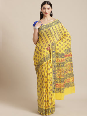 Yellow and Maroon, Kalakari India Cotton Yellow Hand crafted saree with blouse HUPASA0017-Saree-Kalakari India-HUPASA0017-Cotton, Geographical Indication, Hand Block, Hand Crafted, Heritage Prints, Natural Dyes, Red, Sarees, Sustainable Fabrics, Woven, Yellow-[Linen,Ethnic,wear,Fashionista,Handloom,Handicraft,Indigo,blockprint,block,print,Cotton,Chanderi,Blue, latest,classy,party,bollywood,trendy,summer,style,traditional,formal,elegant,unique,style,hand,block,print, dabu,booti,gift,present,glamo