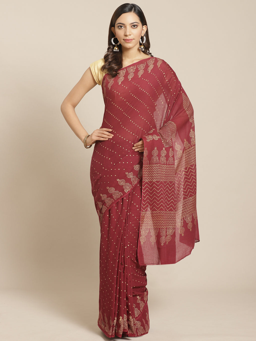 Maroon and Beige, Kalakari India Cotton Maroon Hand crafted saree with blouse HUPASA0018-Saree-Kalakari India-HUPASA0018-Cotton, Geographical Indication, Hand Block, Hand Crafted, Heritage Prints, Natural Dyes, Red, Sarees, Sustainable Fabrics, Woven, Yellow-[Linen,Ethnic,wear,Fashionista,Handloom,Handicraft,Indigo,blockprint,block,print,Cotton,Chanderi,Blue, latest,classy,party,bollywood,trendy,summer,style,traditional,formal,elegant,unique,style,hand,block,print, dabu,booti,gift,present,glamor