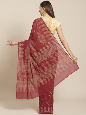 Maroon and Beige, Kalakari India Cotton Maroon Hand crafted saree with blouse HUPASA0018-Saree-Kalakari India-HUPASA0018-Cotton, Geographical Indication, Hand Block, Hand Crafted, Heritage Prints, Natural Dyes, Red, Sarees, Sustainable Fabrics, Woven, Yellow-[Linen,Ethnic,wear,Fashionista,Handloom,Handicraft,Indigo,blockprint,block,print,Cotton,Chanderi,Blue, latest,classy,party,bollywood,trendy,summer,style,traditional,formal,elegant,unique,style,hand,block,print, dabu,booti,gift,present,glamor