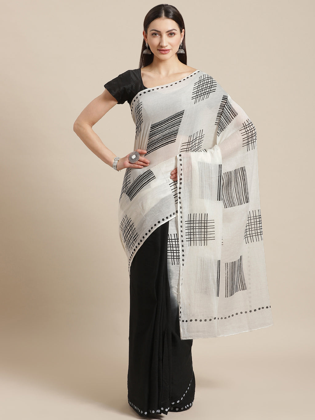 Grey and Black, Kalakari India Cotton Grey Hand crafted saree with blouse HUPASA0020-Saree-Kalakari India-HUPASA0020-Cotton, Geographical Indication, Hand Block, Hand Crafted, Heritage Prints, Natural Dyes, Red, Sarees, Sustainable Fabrics, Woven, Yellow-[Linen,Ethnic,wear,Fashionista,Handloom,Handicraft,Indigo,blockprint,block,print,Cotton,Chanderi,Blue, latest,classy,party,bollywood,trendy,summer,style,traditional,formal,elegant,unique,style,hand,block,print, dabu,booti,gift,present,glamorous,