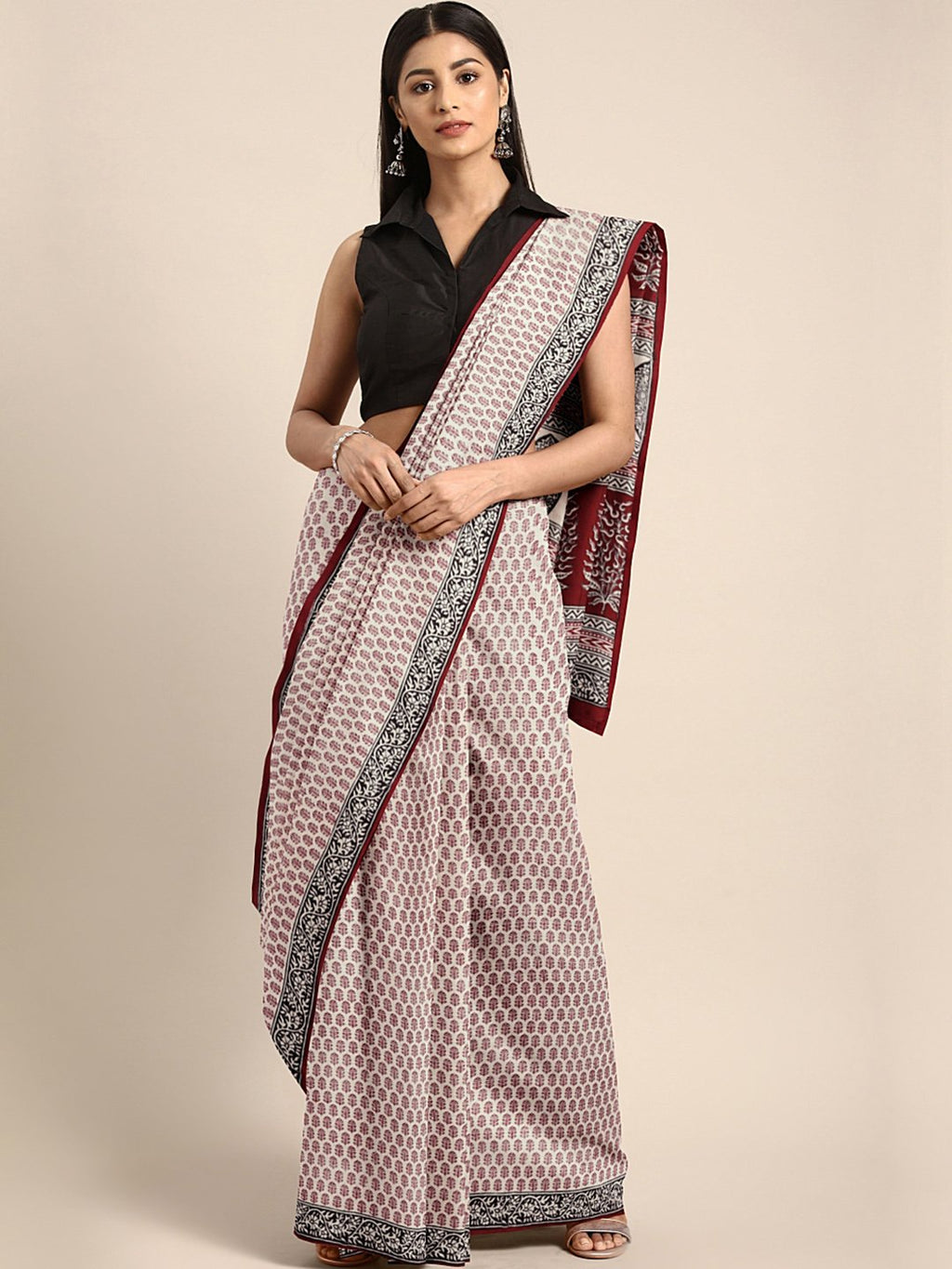 Off-White Maroon Printed Bagh Saree-Saree-Kalakari India-MRBASA0001-Bagh, Cotton, Geographical Indication, Hand Blocks, Hand Crafted, Heritage Prints, Natural Dyes, Sarees, Sustainable Fabrics-[Linen,Ethnic,wear,Fashionista,Handloom,Handicraft,Indigo,blockprint,block,print,Cotton,Chanderi,Blue, latest,classy,party,bollywood,trendy,summer,style,traditional,formal,elegant,unique,style,hand,block,print, dabu,booti,gift,present,glamorous,affordable,collectible,Sari,Saree,printed, holi, Diwali, birth