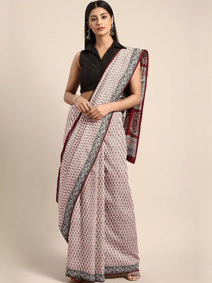 Off-White Maroon Printed Bagh Saree-Saree-Kalakari India-MRBASA0001-Bagh, Cotton, Geographical Indication, Hand Blocks, Hand Crafted, Heritage Prints, Natural Dyes, Sarees, Sustainable Fabrics-[Linen,Ethnic,wear,Fashionista,Handloom,Handicraft,Indigo,blockprint,block,print,Cotton,Chanderi,Blue, latest,classy,party,bollywood,trendy,summer,style,traditional,formal,elegant,unique,style,hand,block,print, dabu,booti,gift,present,glamorous,affordable,collectible,Sari,Saree,printed, holi, Diwali, birth