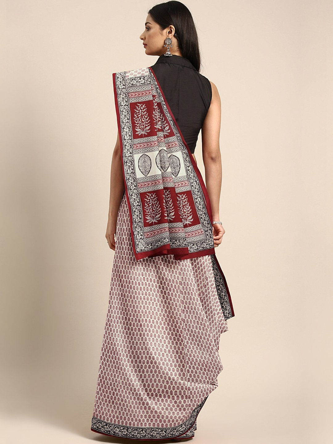 Off-White Maroon Printed Bagh Saree-Saree-Kalakari India-MRBASA0001-Bagh, Cotton, Geographical Indication, Hand Blocks, Hand Crafted, Heritage Prints, Natural Dyes, Sarees, Sustainable Fabrics-[Linen,Ethnic,wear,Fashionista,Handloom,Handicraft,Indigo,blockprint,block,print,Cotton,Chanderi,Blue, latest,classy,party,bollywood,trendy,summer,style,traditional,formal,elegant,unique,style,hand,block,print, dabu,booti,gift,present,glamorous,affordable,collectible,Sari,Saree,printed, holi, Diwali, birth