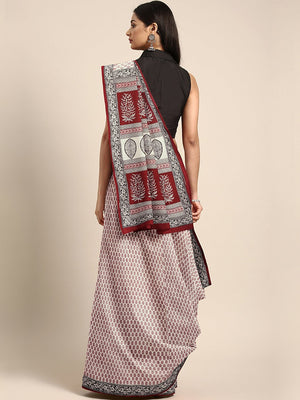 Off-White Maroon Printed Bagh Saree-Saree-Kalakari India-MRBASA0001-Bagh, Cotton, Geographical Indication, Hand Blocks, Hand Crafted, Heritage Prints, Natural Dyes, Sarees, Sustainable Fabrics-[Linen,Ethnic,wear,Fashionista,Handloom,Handicraft,Indigo,blockprint,block,print,Cotton,Chanderi,Blue, latest,classy,party,bollywood,trendy,summer,style,traditional,formal,elegant,unique,style,hand,block,print, dabu,booti,gift,present,glamorous,affordable,collectible,Sari,Saree,printed, holi, Diwali, birth