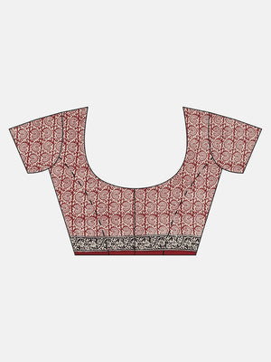 Off-White Maroon Printed Bagh Saree-Saree-Kalakari India-MRBASA0001-Bagh, Cotton, Geographical Indication, Hand Blocks, Hand Crafted, Heritage Prints, Natural Dyes, Sarees, Sustainable Fabrics-[Linen,Ethnic,wear,Fashionista,Handloom,Handicraft,Indigo,blockprint,block,print,Cotton,Chanderi,Blue, latest,classy,party,bollywood,trendy,summer,style,traditional,formal,elegant,unique,style,hand,block,print, dabu,booti,gift,present,glamorous,affordable,collectible,Sari,Saree,printed, holi, Diwali, birth