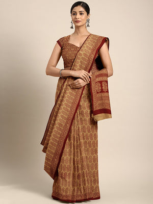 Brown Maroon Handblock Print Bagh Saree-Saree-Kalakari India-MRBASA0002-Bagh, Cotton, Geographical Indication, Hand Blocks, Hand Crafted, Heritage Prints, Natural Dyes, Sarees, Sustainable Fabrics-[Linen,Ethnic,wear,Fashionista,Handloom,Handicraft,Indigo,blockprint,block,print,Cotton,Chanderi,Blue, latest,classy,party,bollywood,trendy,summer,style,traditional,formal,elegant,unique,style,hand,block,print, dabu,booti,gift,present,glamorous,affordable,collectible,Sari,Saree,printed, holi, Diwali, b