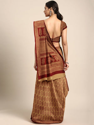 Brown Maroon Handblock Print Bagh Saree-Saree-Kalakari India-MRBASA0002-Bagh, Cotton, Geographical Indication, Hand Blocks, Hand Crafted, Heritage Prints, Natural Dyes, Sarees, Sustainable Fabrics-[Linen,Ethnic,wear,Fashionista,Handloom,Handicraft,Indigo,blockprint,block,print,Cotton,Chanderi,Blue, latest,classy,party,bollywood,trendy,summer,style,traditional,formal,elegant,unique,style,hand,block,print, dabu,booti,gift,present,glamorous,affordable,collectible,Sari,Saree,printed, holi, Diwali, b