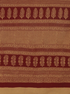 Brown Maroon Handblock Print Bagh Saree-Saree-Kalakari India-MRBASA0002-Bagh, Cotton, Geographical Indication, Hand Blocks, Hand Crafted, Heritage Prints, Natural Dyes, Sarees, Sustainable Fabrics-[Linen,Ethnic,wear,Fashionista,Handloom,Handicraft,Indigo,blockprint,block,print,Cotton,Chanderi,Blue, latest,classy,party,bollywood,trendy,summer,style,traditional,formal,elegant,unique,style,hand,block,print, dabu,booti,gift,present,glamorous,affordable,collectible,Sari,Saree,printed, holi, Diwali, b