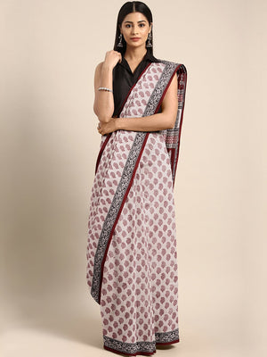 Off-White Maroon Printed Bagh Saree-Saree-Kalakari India-MRBASA0004-Bagh, Cotton, Geographical Indication, Hand Blocks, Hand Crafted, Heritage Prints, Natural Dyes, Sarees, Sustainable Fabrics-[Linen,Ethnic,wear,Fashionista,Handloom,Handicraft,Indigo,blockprint,block,print,Cotton,Chanderi,Blue, latest,classy,party,bollywood,trendy,summer,style,traditional,formal,elegant,unique,style,hand,block,print, dabu,booti,gift,present,glamorous,affordable,collectible,Sari,Saree,printed, holi, Diwali, birth